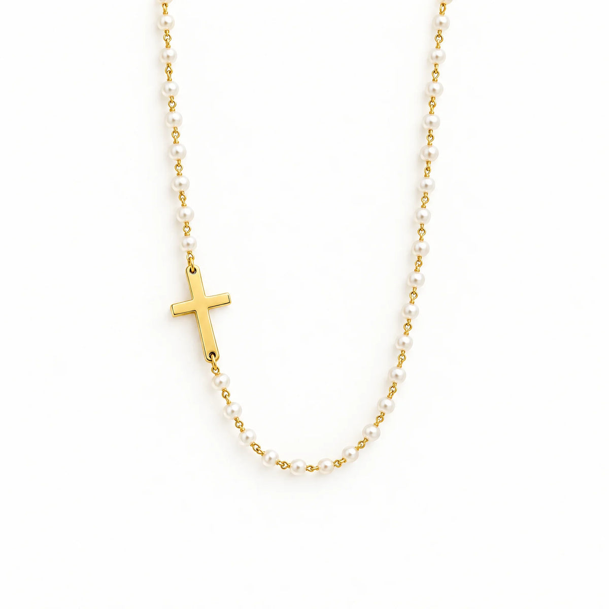 Grace Pearl Cross Necklace — cross detail and pearl-style beads on a white background